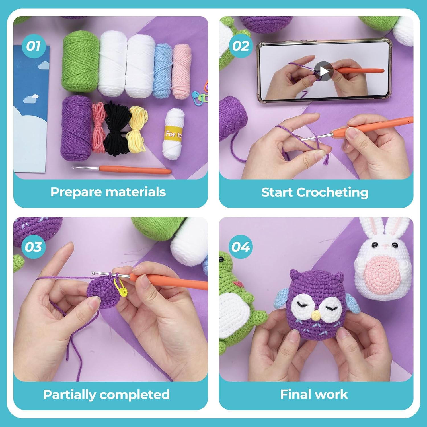 Roseflower Crochet Kit for Beginners, Easy Crochets Starter Kits with Step-By-Step Video Tutorials, DIY Craft Knitting Crochet Animals Set for Adult - 3 Pack Frog Owl Rabbit - C02 image number 5