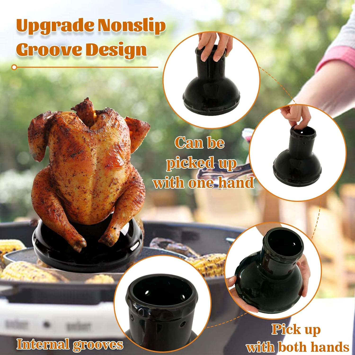 Kamaster Black Ceramic Chicken Holder for Grill, Beer Can Chicken Throne for Smokers Grill Green Egg Parts Non-Stick Steamer Roaster Rack Vertical Stand for Kamado BBQ Accessories image number 3