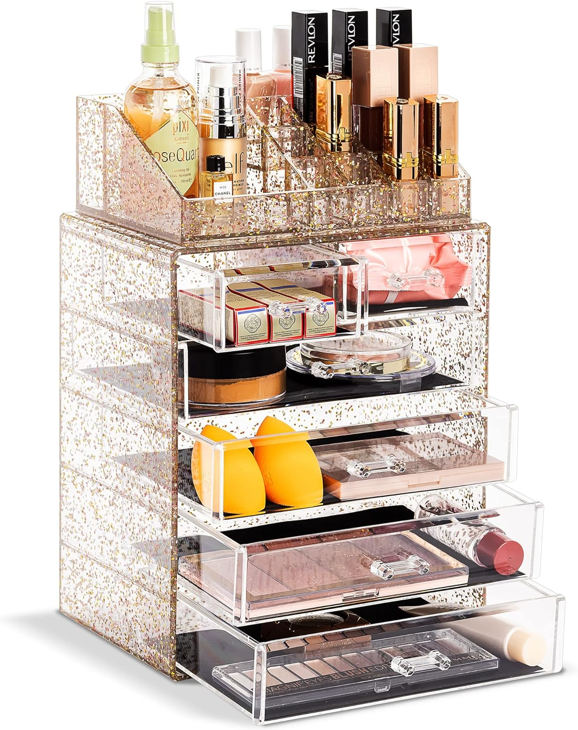 Sorbus Clear Cosmetic Makeup Organizer - Make up & Jewelry Storage, Case & Display - Spacious Design - Great Holder for Dresser, Bathroom, Vanity & Countertop (4 Large, 2 Small Drawers) [Glitter] image number 5