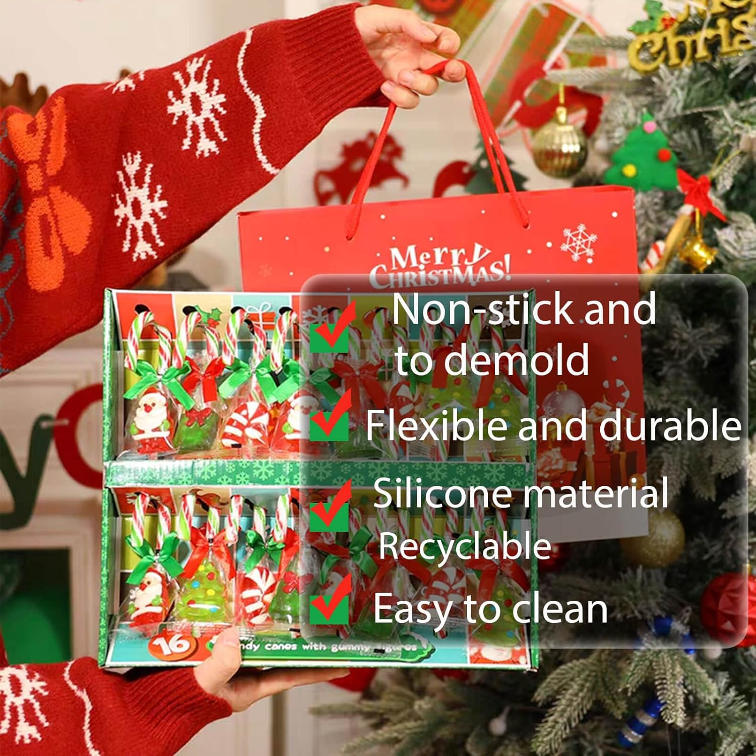 Jhylilia 304Pcs Christmas Lollipop Molds, Pink Silicone Candy Molds with Lollipop Sticks, Treat Bags & Twist Ties image number 6