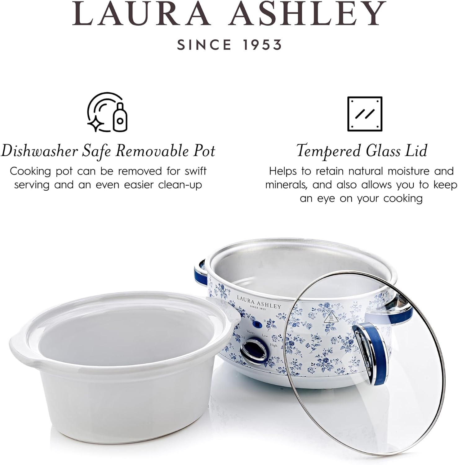 Laura Ashley China Rose Slow Cooker 3.5 Litres. Large Electric Slow Cooker for 4 to 5 People. Slow Cookers Stainless Steel with 3 Heat Settings. Detachable Ceramic Pot with Tempered Glass Lid