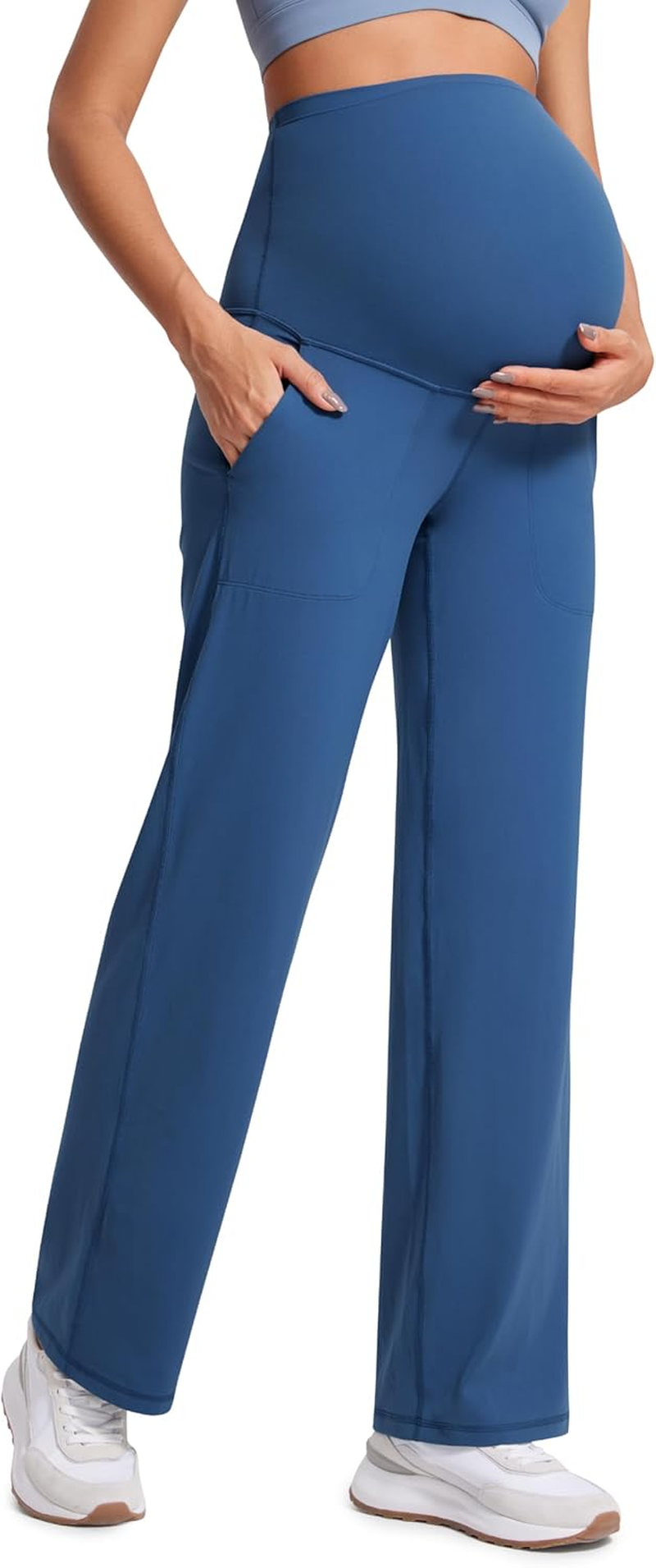 CRZ YOGA Women Butterluxe Maternity Wide Leg Pants Flare Leggings with Pockets 31.5" - over the Belly Workout Yoga Pregnancy