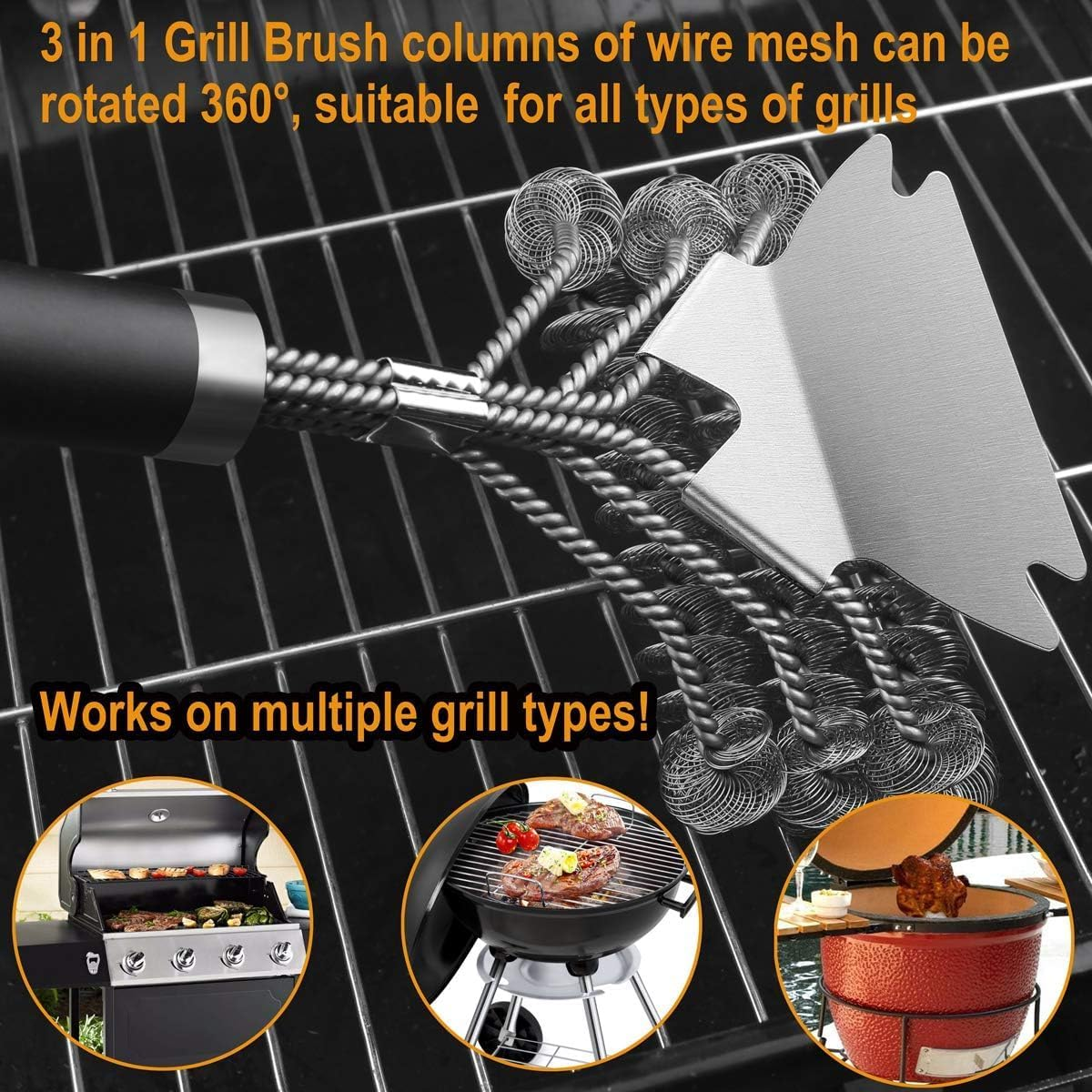 Mumoo Bear BBQ Grill Cleaning Brush, 18 Inch Long Heavy Duty 3 Rows Stainless Steel Barbecue Cleaner Brush with Scraper Accessories for BBQ Grill Tools Including Gas, Charcoal and Electric Grill image number 4