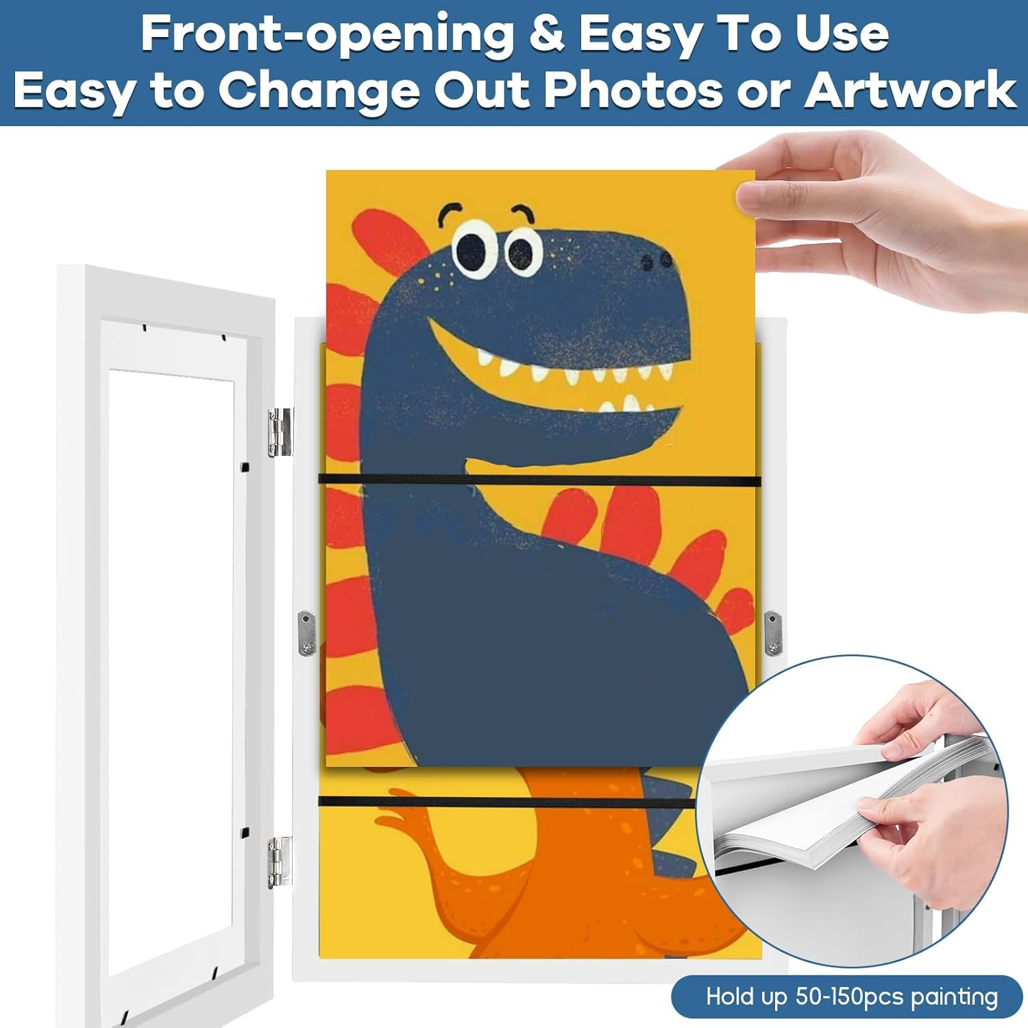 A4 Kids Art Frames 4 Pack Kids Artwork Flip Frame Changeable for Picture Display, Children School Drawing Projects Storage, Horizontally Vertically Wall Hanging, Storage A4 120 Pictures (White) image number 6