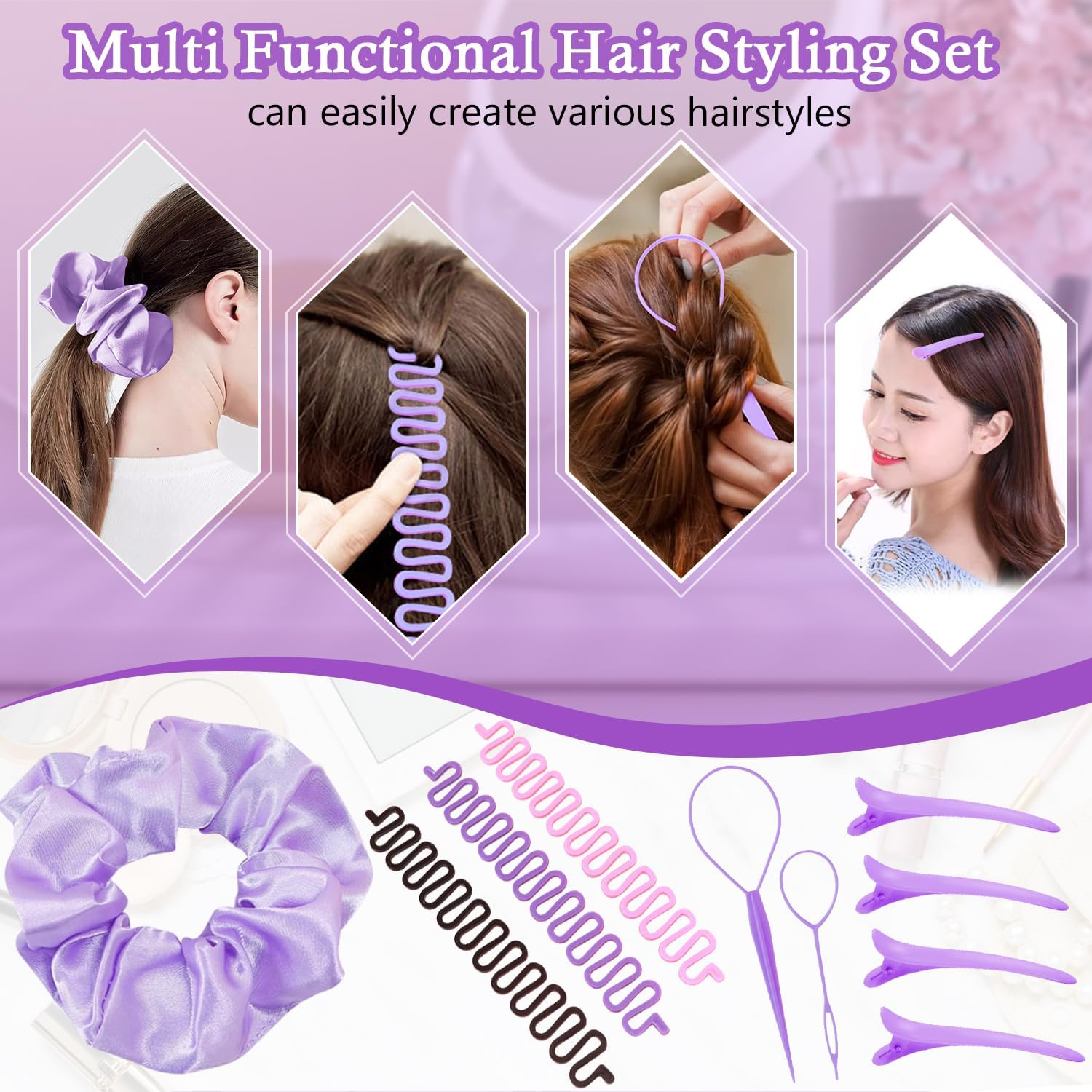 FOTN 17 Pcs Hair Brush and Comb Set for Women, Detangling, Styling, Edge Bristles, Wide Tooth Rat Tail, Spray Bottles, Topsy Hair Tail, Hair Braiding Kit for Girls (Purple) image number 4