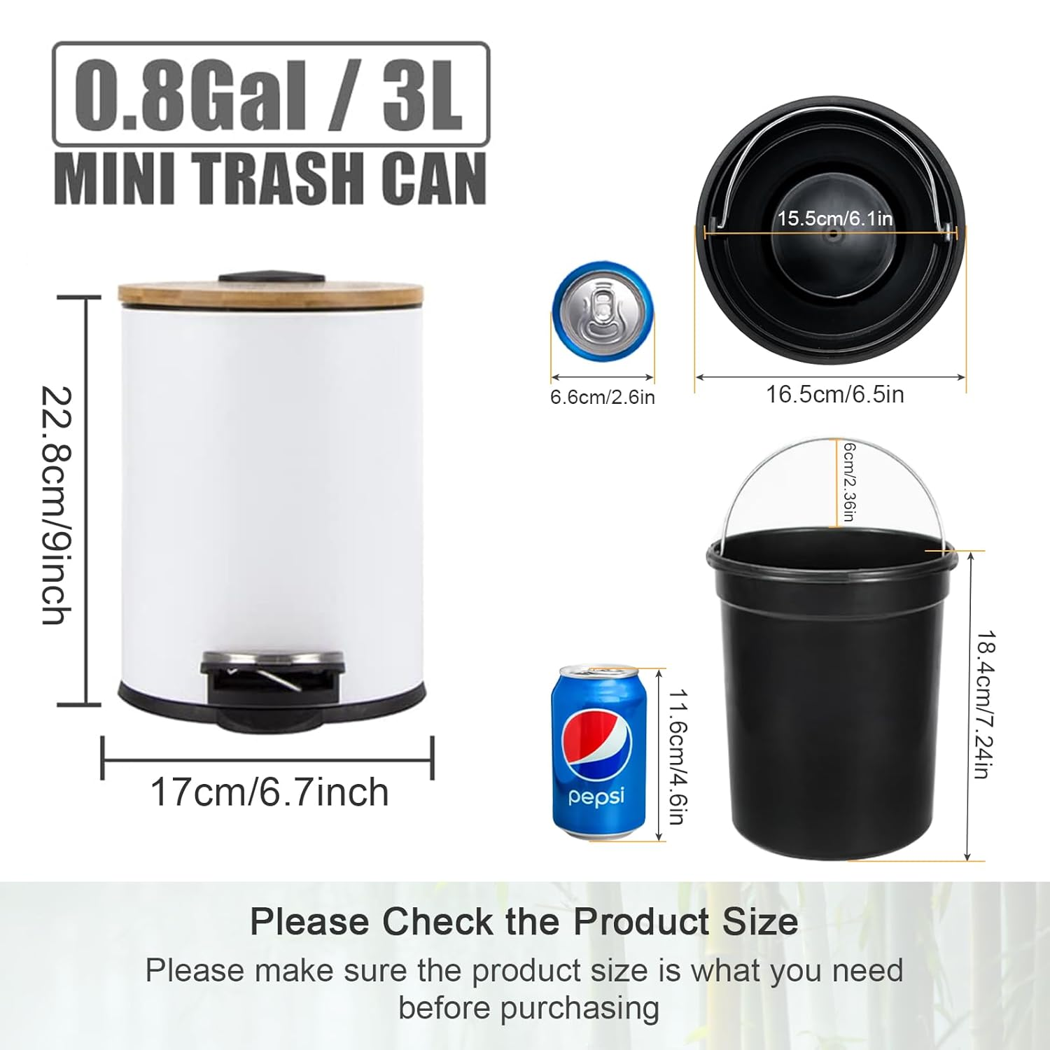 Trash Can with Bamboo Lid, 3L Pedal Bin, Mini round Trash Bin with Removable Plastic Inner Wastebasket for Bathroom, Bedroom, Powder Room, Office, Desk, Car (White) - White image number 4