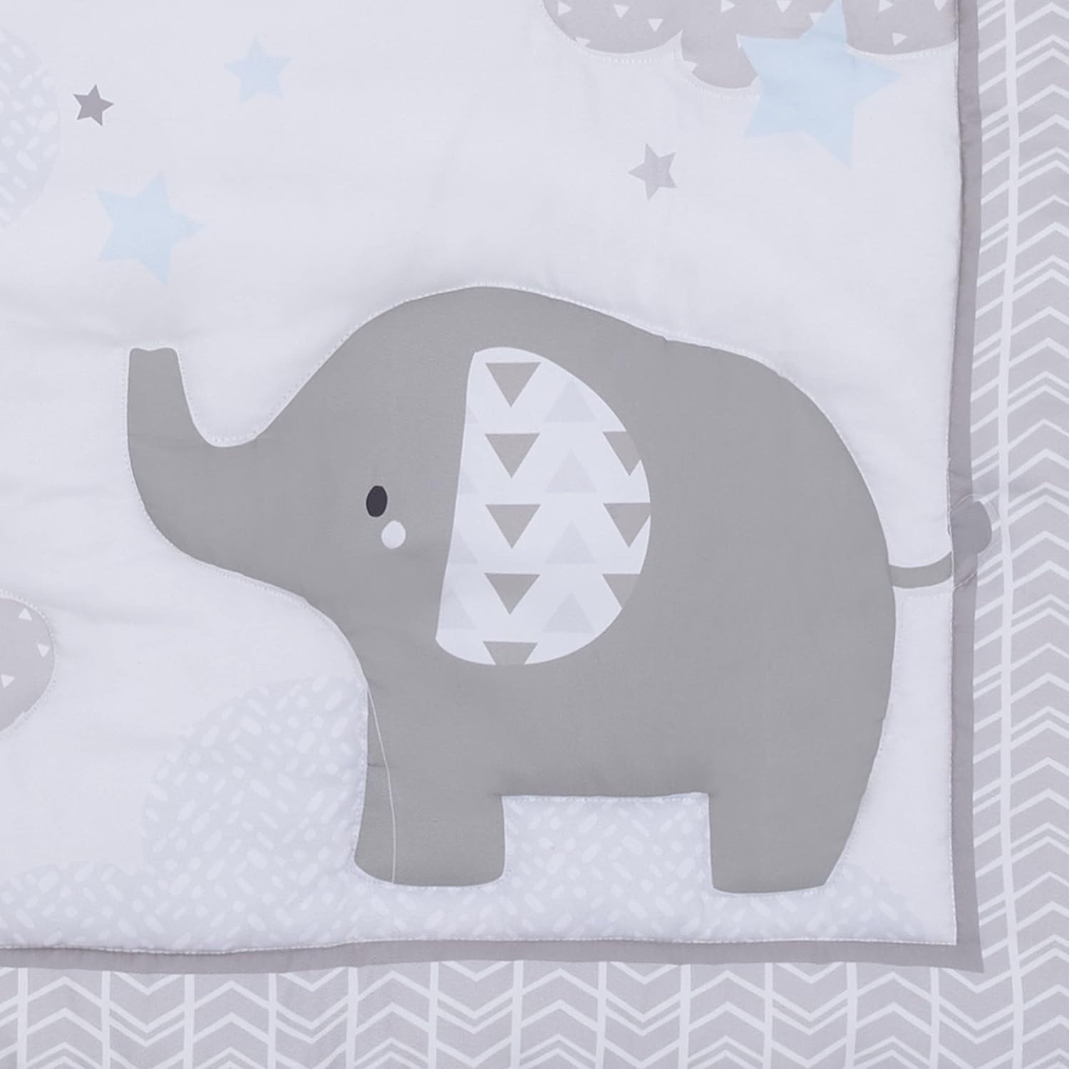 Nojo Elephant Stroll Dream Big Clouds & Stars with Chevron Border 3Piece Nursery Mini Crib Bedding Set - Comforter, & Two Fitted Mini Crib Sheets, Grey, White, Charcoal, Blue - Elephant Stroll Dream Big image number 5