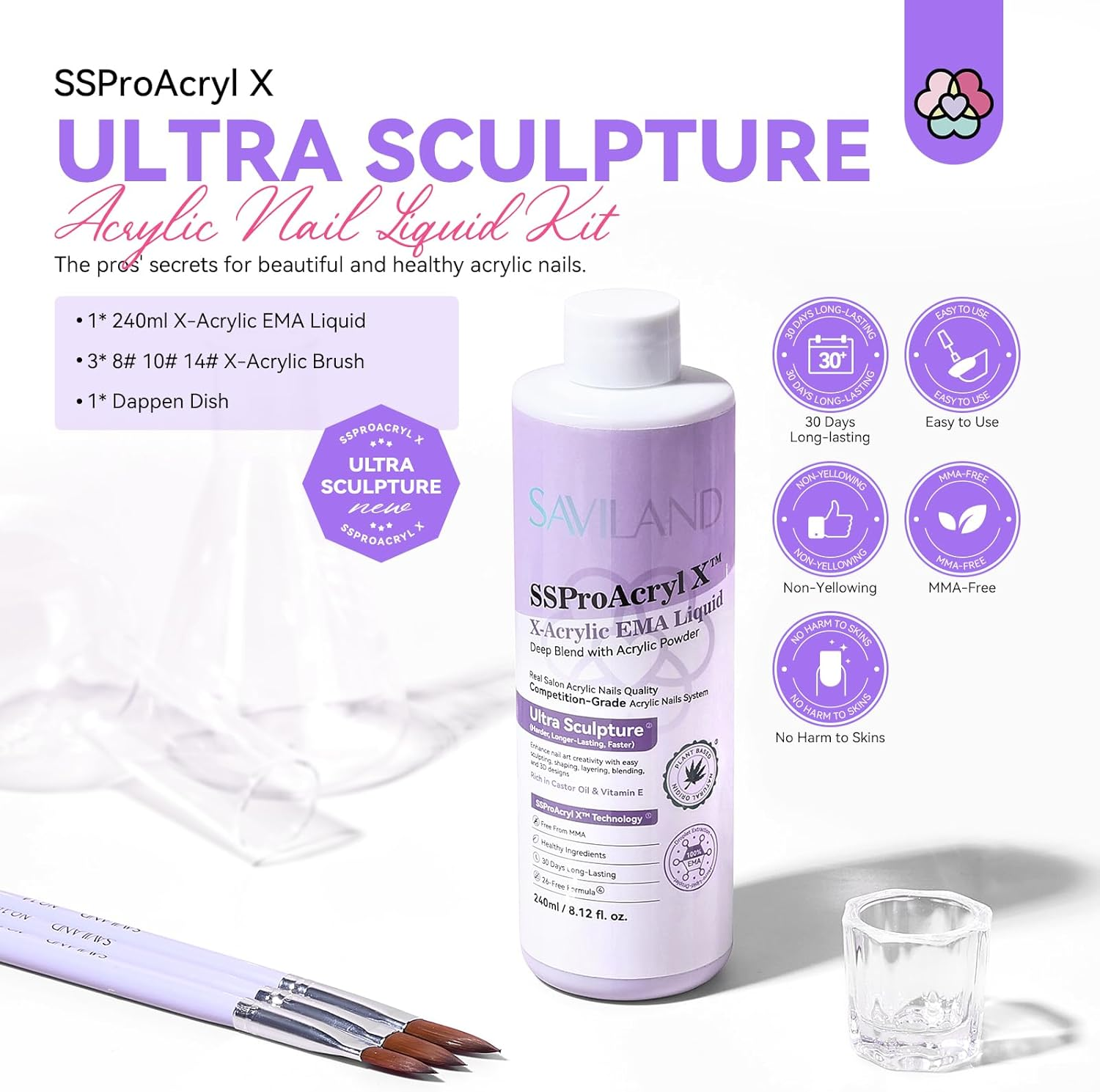 SAVILAND Professional Acrylic Nail Liquid Kit - 240Ml EMA Monomer with 3 Nail Brushes & Dappen Dish Salon-Grade Liquid for Acrylic Powder Extensions for DIY