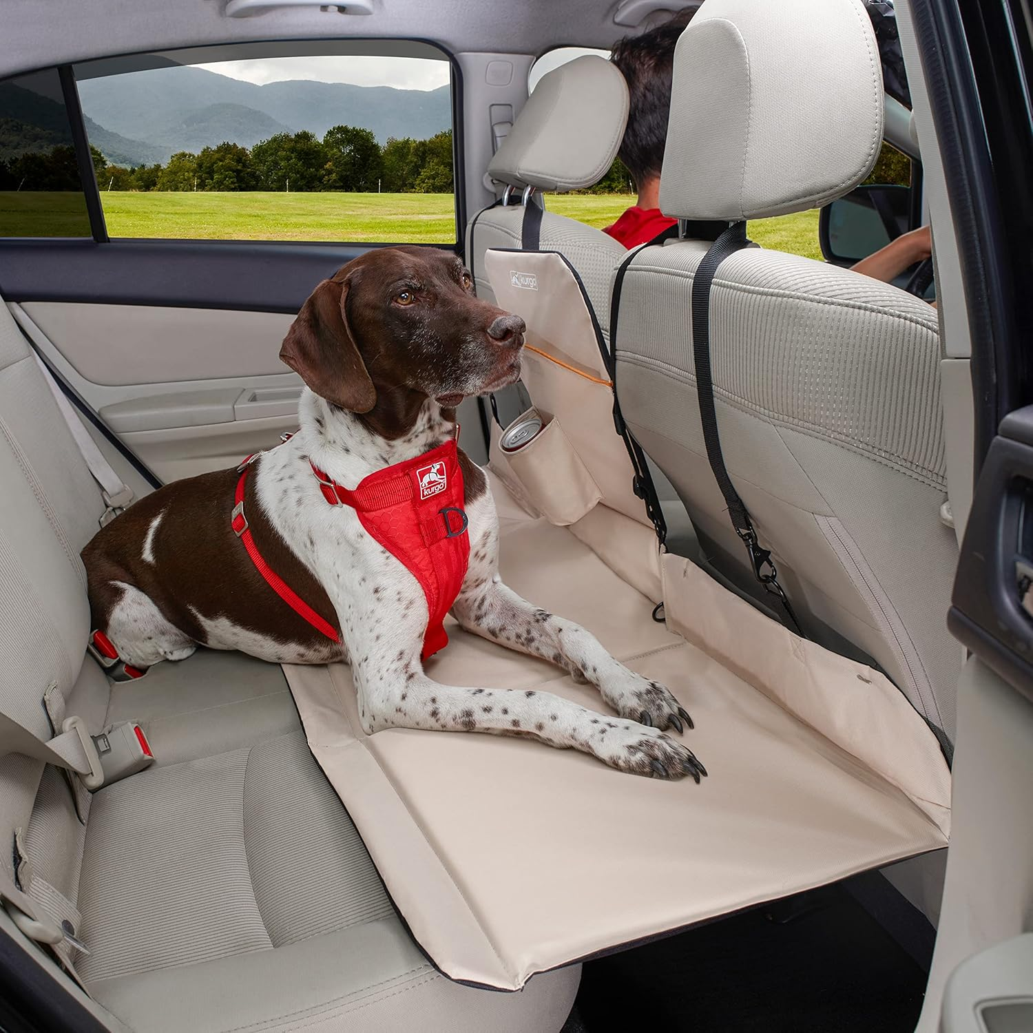 Kurgo K01137 Dog Backseat Bridge Car Extender| Padded Pet Car Barrier | Reversible | Water Resistant | Universal Fit | Cup Holder and Pocket | up to 100 Lbs | Black/Hampton Sand Khaki image number 3