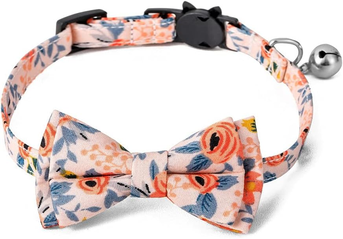 2 Pieces Cat Collars Adjustable Cat Bandana with Bow Bells Floral Kitten Collar Soft for Cats Kittens Kitties Puppies