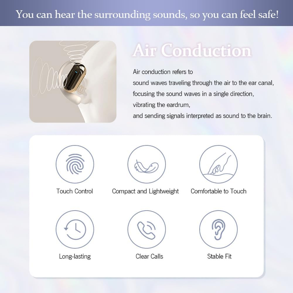 Air Line Headphones, Bluetooth 5.4, Clear Conversations, Single Sided/Dual Sided Automatic Pairing, Large Charging Case - Ideal for Sports, Commuting and Gaming (White) - White image number 6