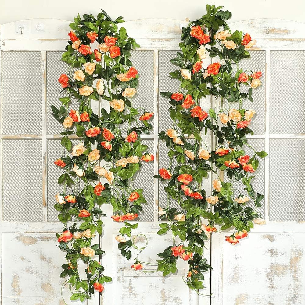 KEPTFIT 3 Pcs 135 Flowers Rose 24.6 FT Flower Garland Fake Rose Vine Artificial Flower Hanging Rose Ivy Home Hotel Office Wedding Arch Arrangement Party Garden Craft Art D&eacute;cor (Yellow)