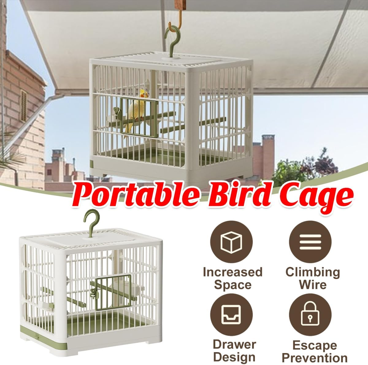 AIMALL Portable Bird Cage 11.81"X9.05"X10.23" ABS Parrot Carrier Cage with Feeder Perch Tray Lockable Door for Small Birds Parakeets Cockatiels Pigeons Travel Use image number 5
