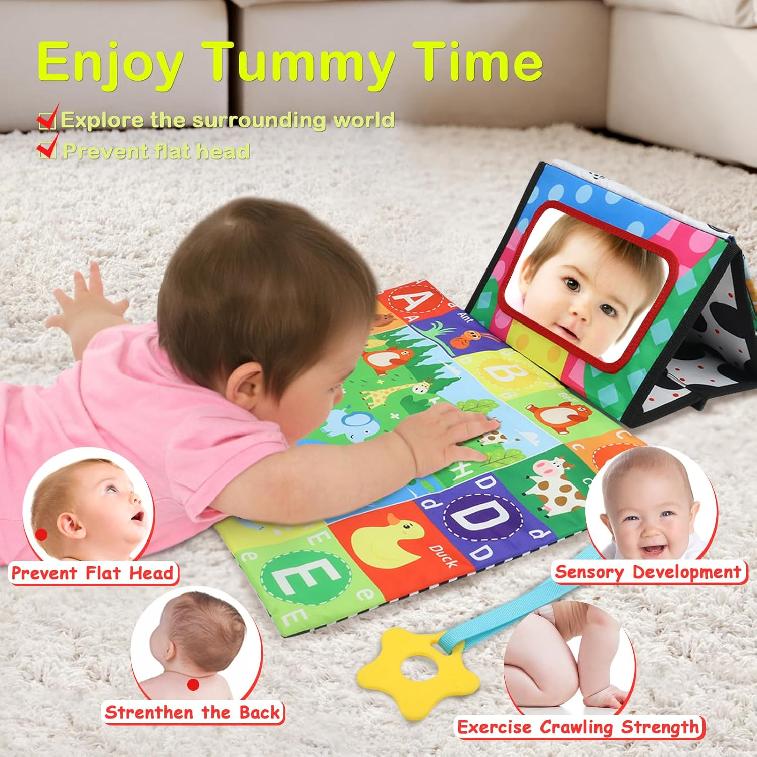 KUANGO 2 Pcs Small Tummy Time Toys Baby Mirror Newborn Toys 0-3 Brain Development, Tummy Time Mirror Baby Toys 6-12 Months High Contrast Montessori Infant 0-6 Months