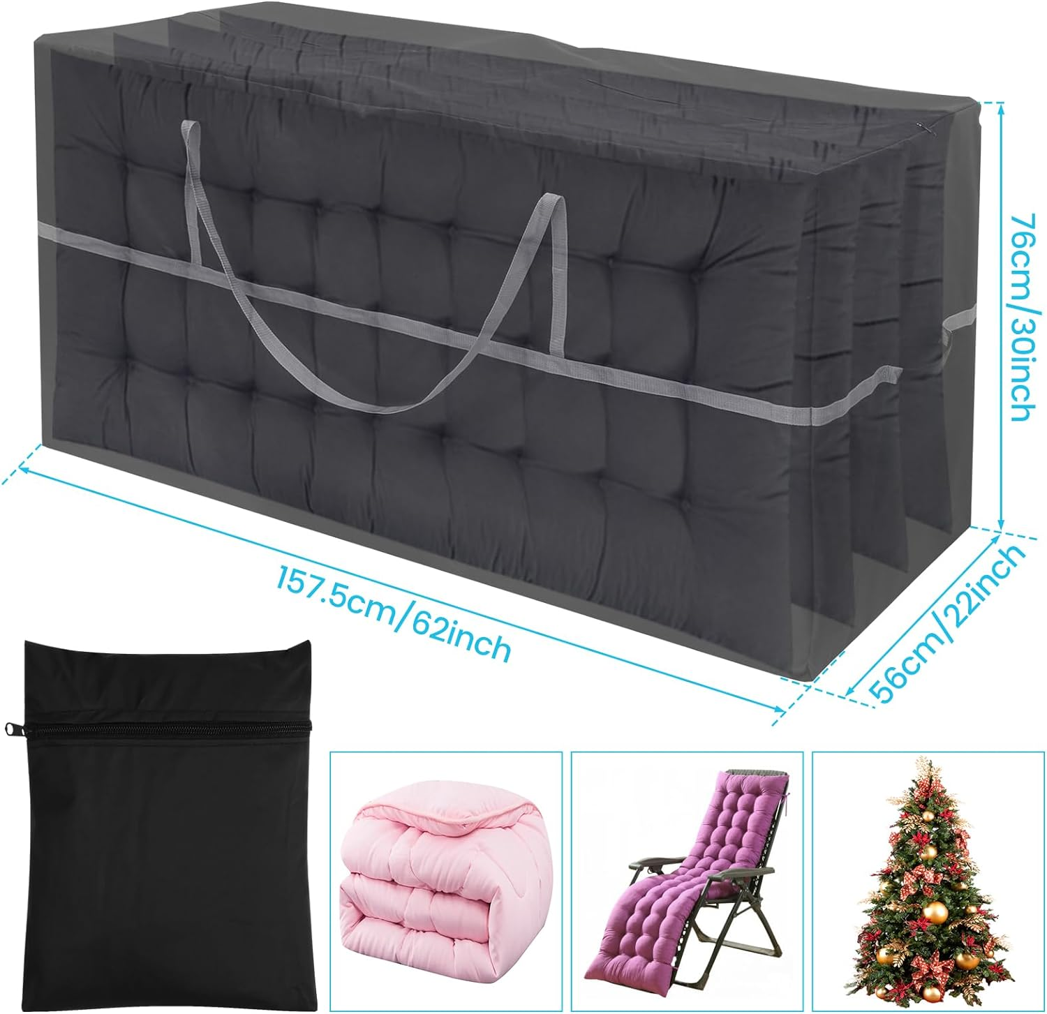 Outdoor Cushion Storage Bag, 62&times;22&times;30 Inch Outdoor Cushion Bag, 600D Oxford Furniture Storage Bag with Handle, Garden Outdoor Christmas Tree Furniture Waterproof Bag for Patio Furniture