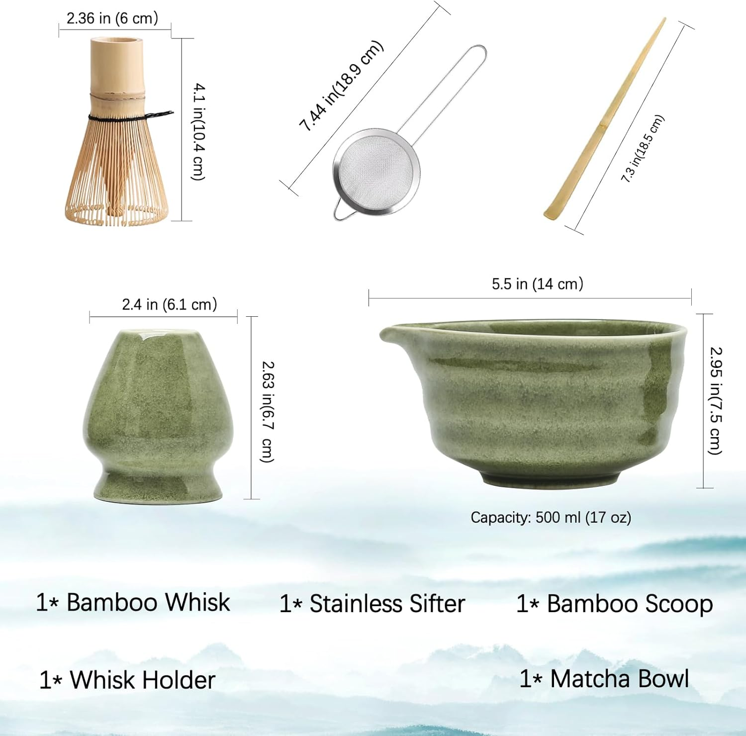 Matcha Set, Matcha Bowl with Spout, Matcha Whisk and Holder, Bamboo Matcha Scoop and Stainless Sifter - 5 Pcs Jade Green Matcha Set Kit for Matcha Lover image number 1