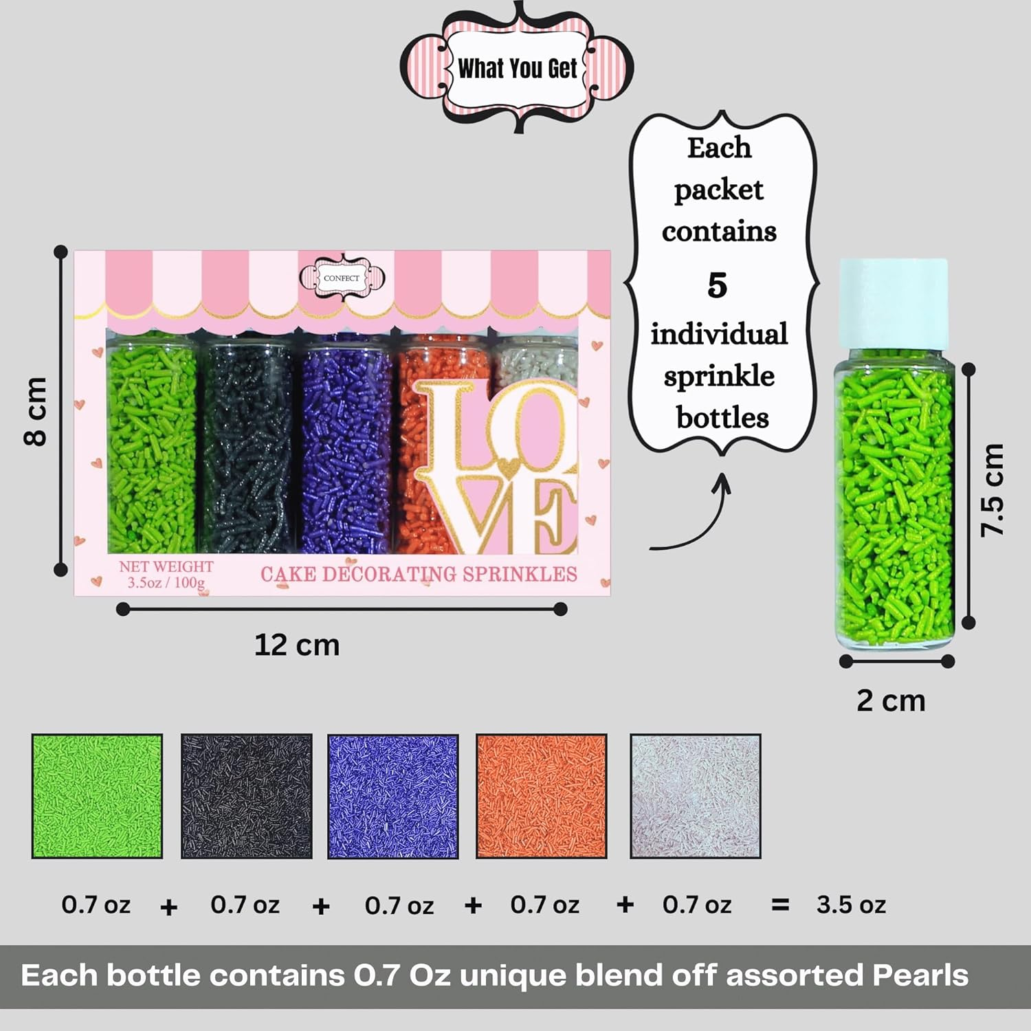 Confect Vermicelli Sprinkles for Baking & Cake Decorative Vermicelli Sprinkles Assorted Pack of 5 Feast of Fears Vermicelli Sprinkles Mix Sliver, Orange, Irish Purple, Black & Lime Green - 3.5Oz image number 5