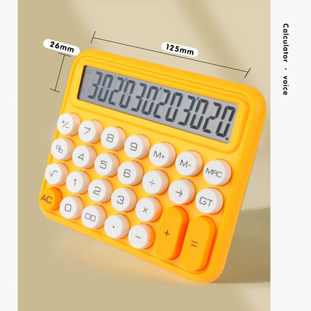 Oimzzr Cute Calculator 12 Digit Large Display Mechanical round Button Gradient Candy D Battery Power Operate Calculator Suitable for Office School Home for Students Accountant Yellow