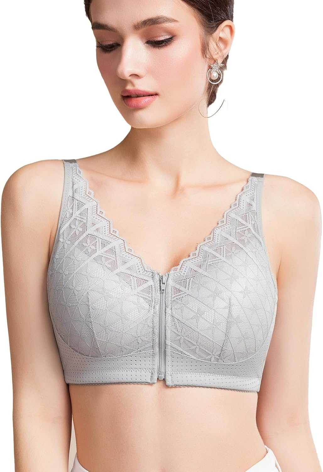Zip Front Closure Mastectomy Bra, Women Post-Surgery-Bra with Pocket for Breast Prosthesis - Lace Surgical Everyday Bras