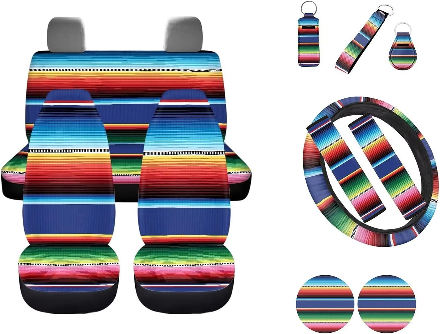 Wideasale Mexican Blanket Serape Stripe Pattern Colorful 12 Pcs Set Car Accessories Universal Fit Full Seat Cover+Steering Wheel Covers+Keychain+Lipstick Holder+Coaster Auto Interior Protector