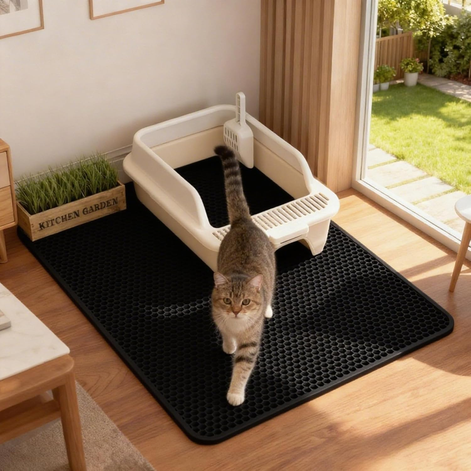 Cat Litter Mat Cat Litter Trapping Mat, 60 X 45 Cm Honeycomb Double Layer Design, Urine and Water Proof Material, Scatter Control, Less Waste, Easier to Clean,Washable Black image number 1