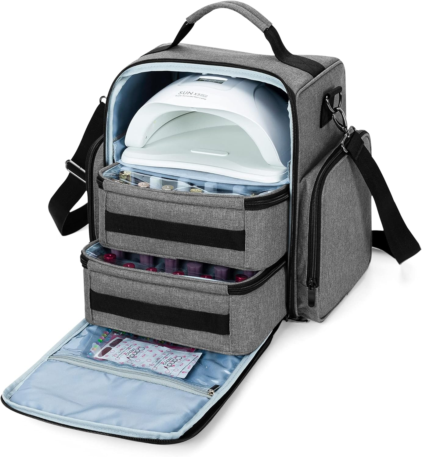 BAFASO Nail Polish Organizer Holds 48 Bottles (15Ml - 0.5 Fl.Oz) and a Nail Lamp, Large Nail Polish Case with 2 Removable Pouches and Multiple Storage Sections (Patented Design), Purple