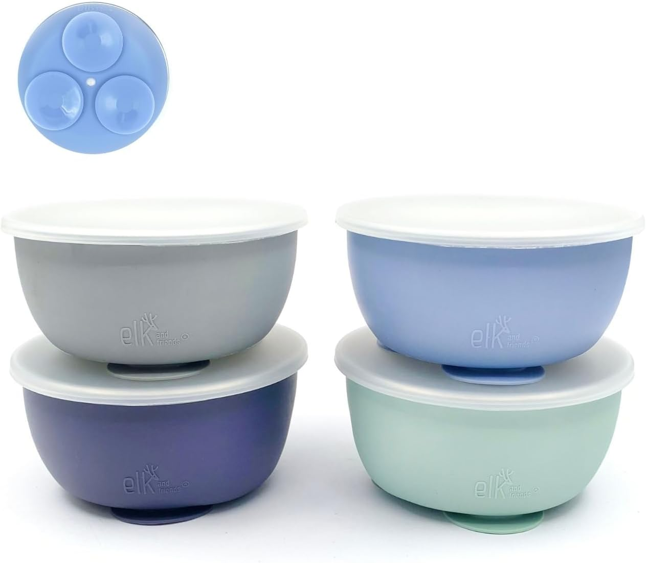 Elk and Friends Kids Stainless Steel Bowls with Silicone Suction Sleeves + Lids| Suitable for Babies/Toddlers | Dishwasher Safe | Stay Put Dinnerware | Snack Dishes | 4 Pack