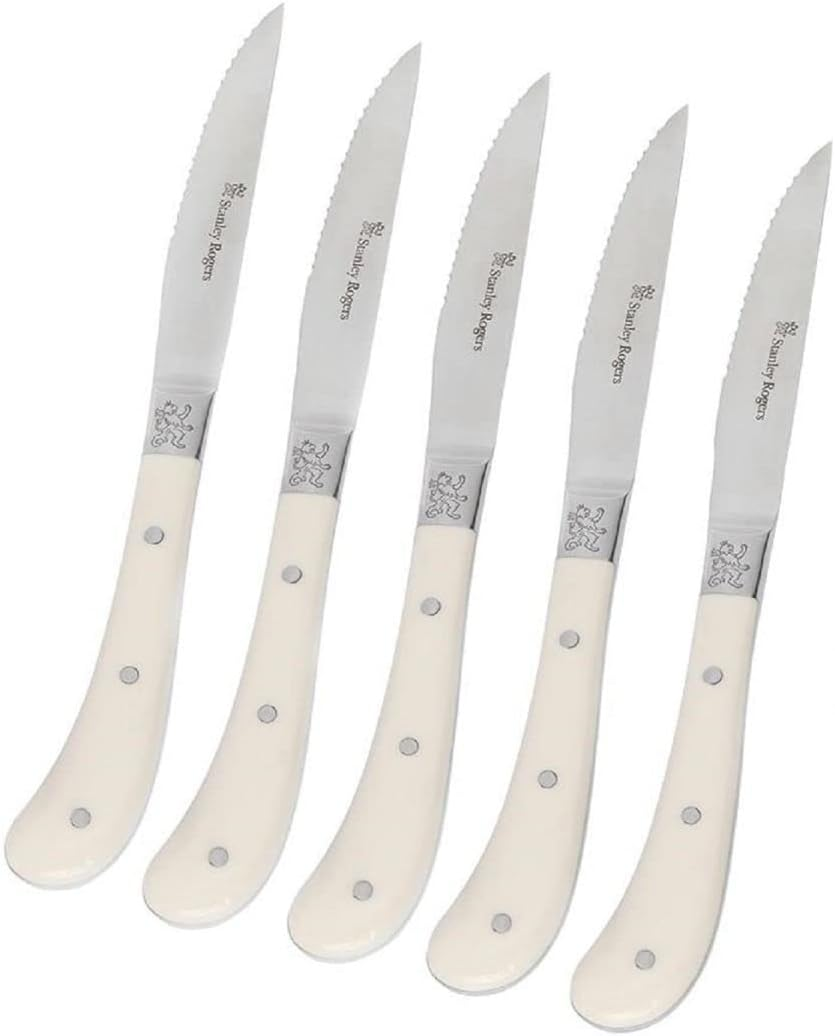 Stanley Rogers Pistol Grip Artisan Steak Knife Set, Stainless Steel Serrated Blade, Sharp Knives with Ergonomic Handle (Colour: Cream, Silver), Quantity: 1 Set, 4 Pieces