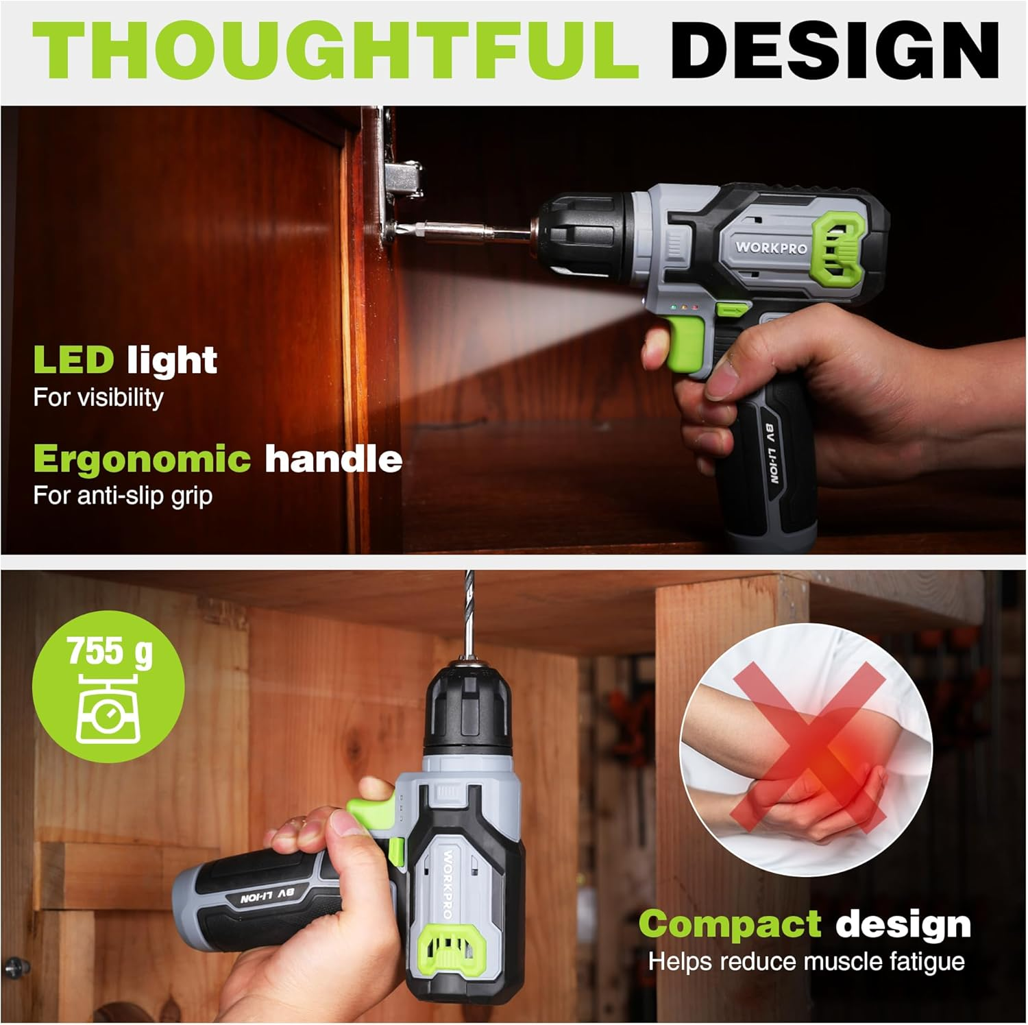 WORKPRO 8V Cordless Drill Driver Set, Electric Screwdriver 9.5 Mm Keyless Chuck, Max Torque 12 N&middot;M, 2 Ah Battery with 21 Pcs Accessories and Single Layer Stack & Carry Box, Ideal for Home DIY Project - Pink image number 3