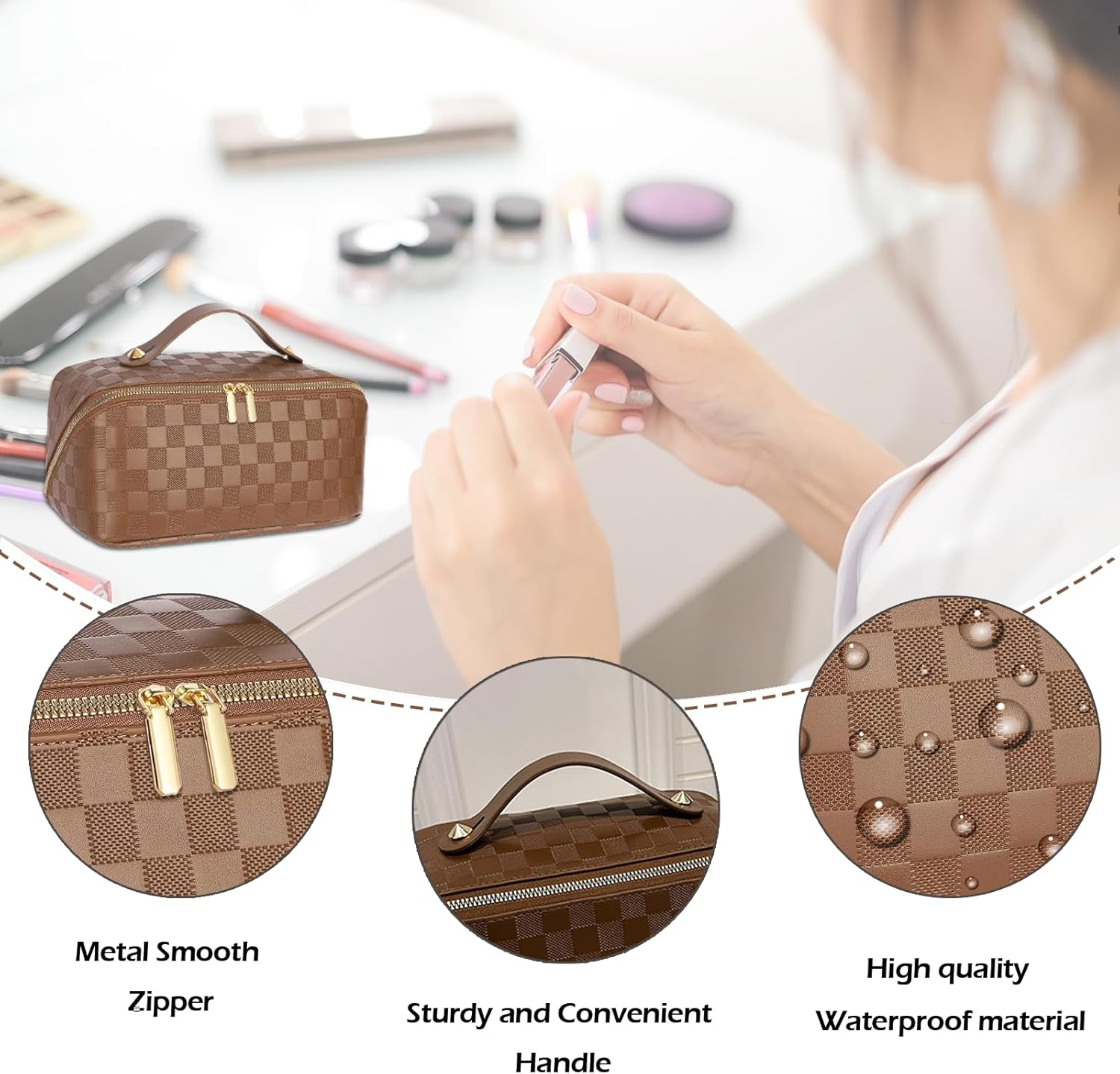 Portable Makeup Bag,Jovala Large Capacity Travel Cosmetic Bag Checkered PU Leather Women'S Holiday Multifunctional Makeup Bag Washable,With Handle and Divider (Brown) - Black image number 6