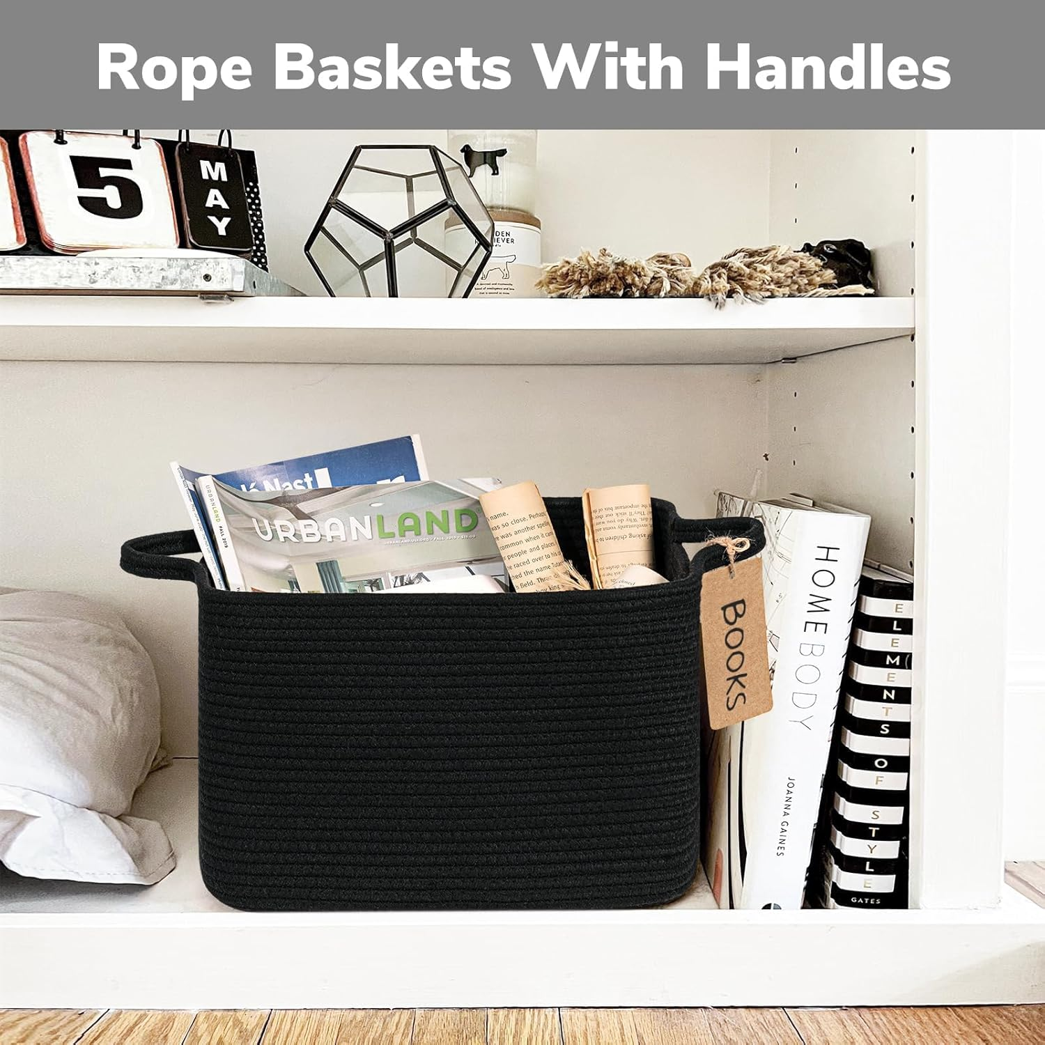 Storage Basket, Woven Baskets for Shelves, Cotton Rope Basket for Toys, Towel Baskets for Bedroom, 33 X 25 X 23Cm, 3 Pack, Black image number 1