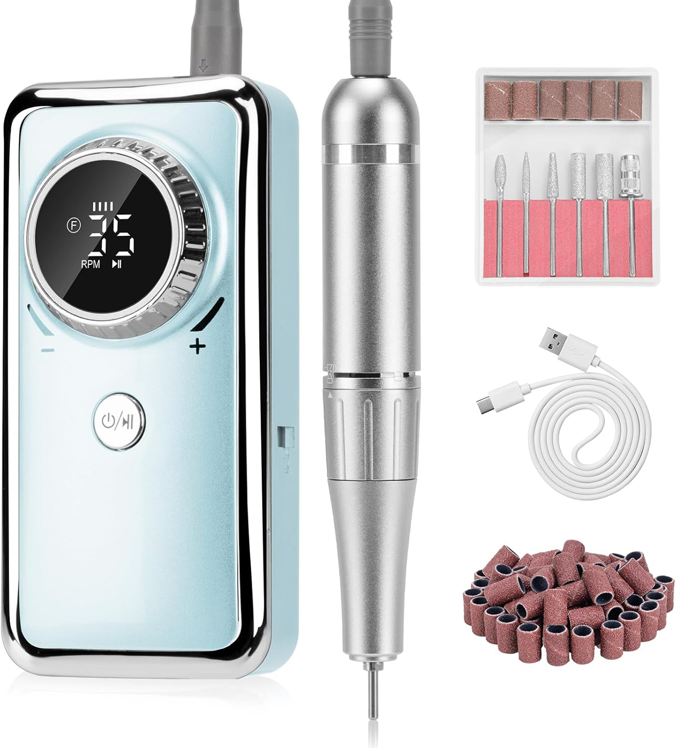 Madenia Professional Rechargeable Nail Drill: Electric Nail Files Portable USB E File for Acrylic Nails Gel, 35000RPM Adjustable Speed Electric Manicure and Pedicure Set with 6 Drill Bits,Blue image number 3