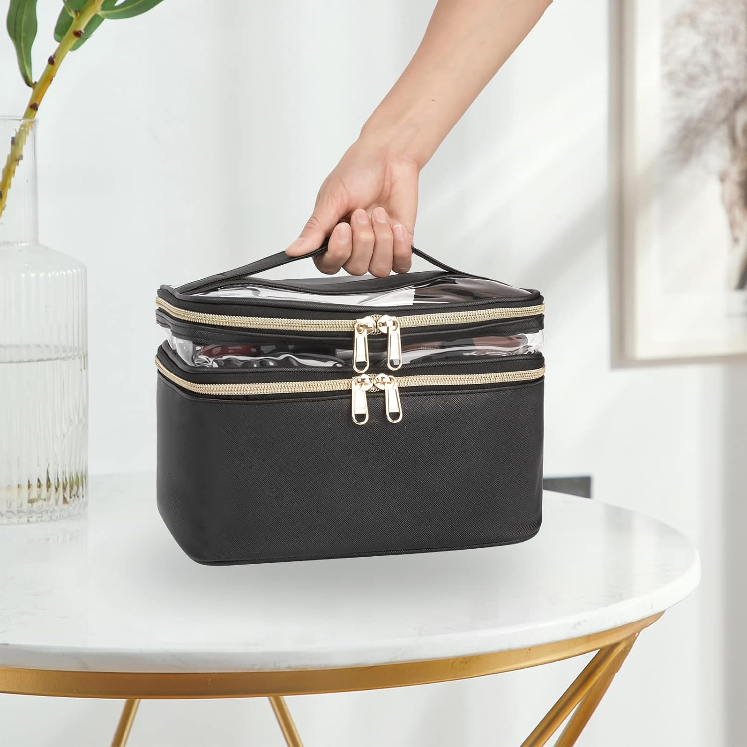 OCHEAL Makeup Bag, Double Layer Cosmetic Cases Travel Makeup Organizer Toiletry Bags Large Make up Bag for Women Girls with Adjustable Dividers and Brush Organize Area (Black Clear) image number 6