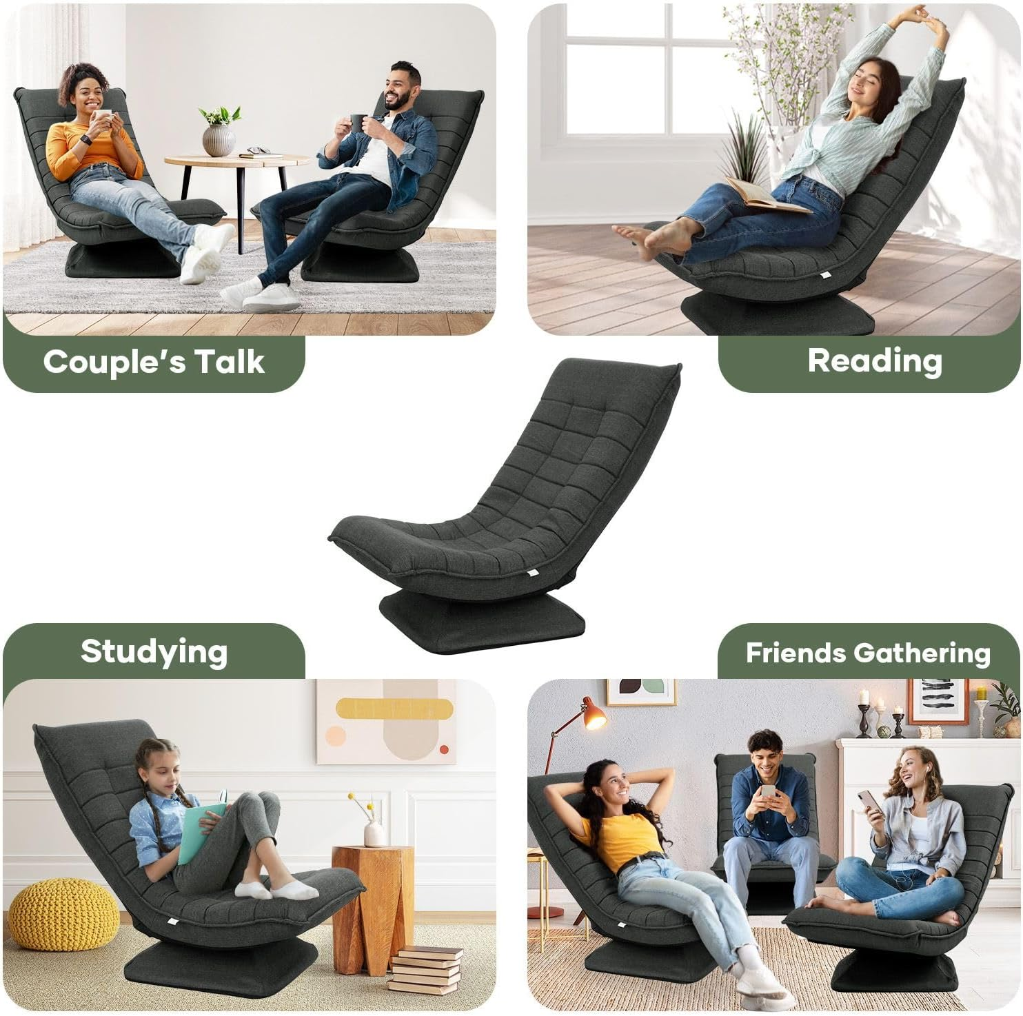 Luxsuite Swivel Floor Chair 3-Position Adjustable Folding Lazy Sofa Lounger Bed for Home & Living Room Chaise Lounge Indoor Dark Grey image number 4