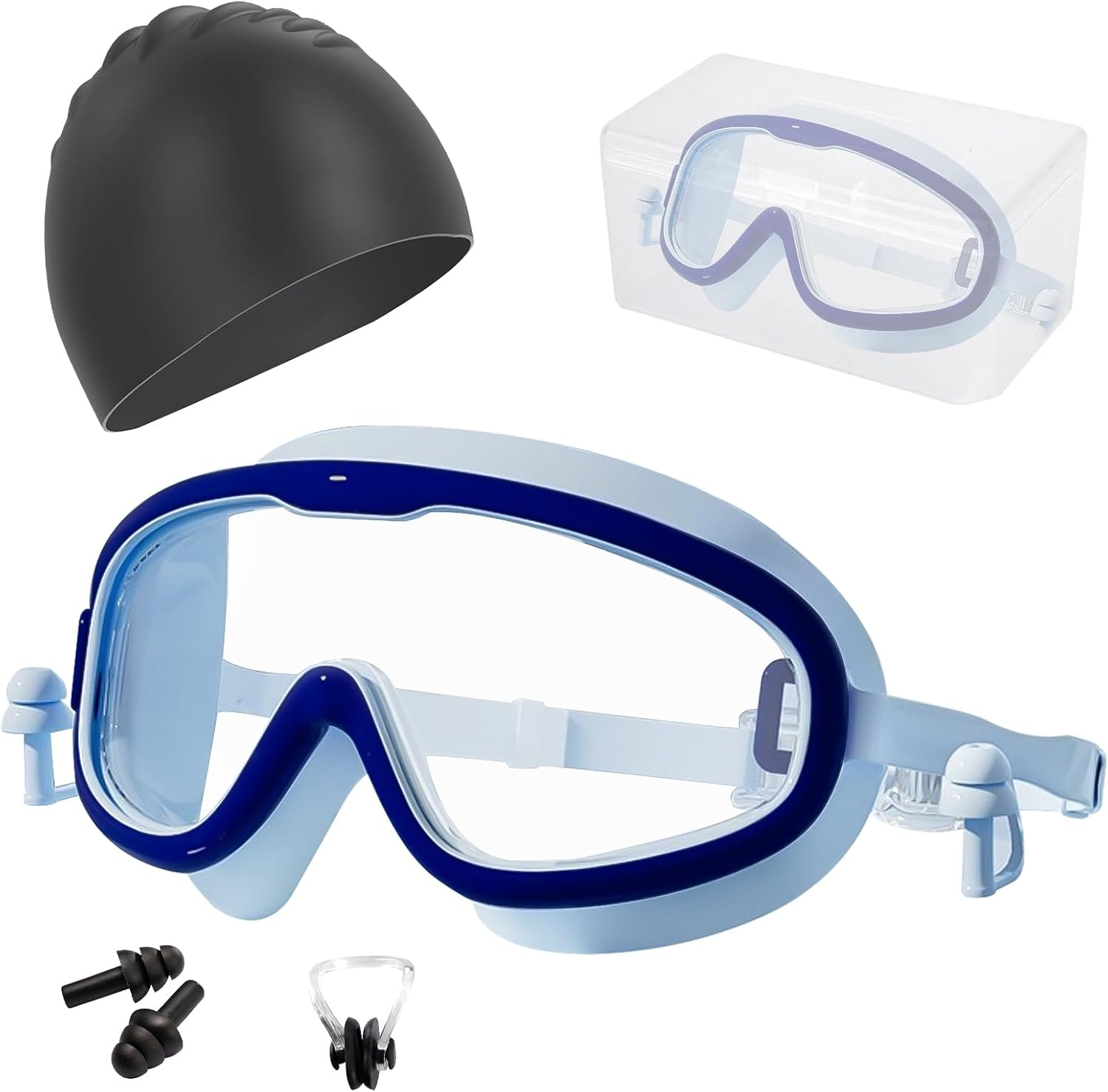 Pearyaest Kids Swim Goggles,Swimming Glasses Swim Cap Set for Children and Early Teens from 3 to 15 Years Old,With Earplugs,Silicone Frame,Strap with Adjustable Buckle,Wide Vision,Anti-Fog