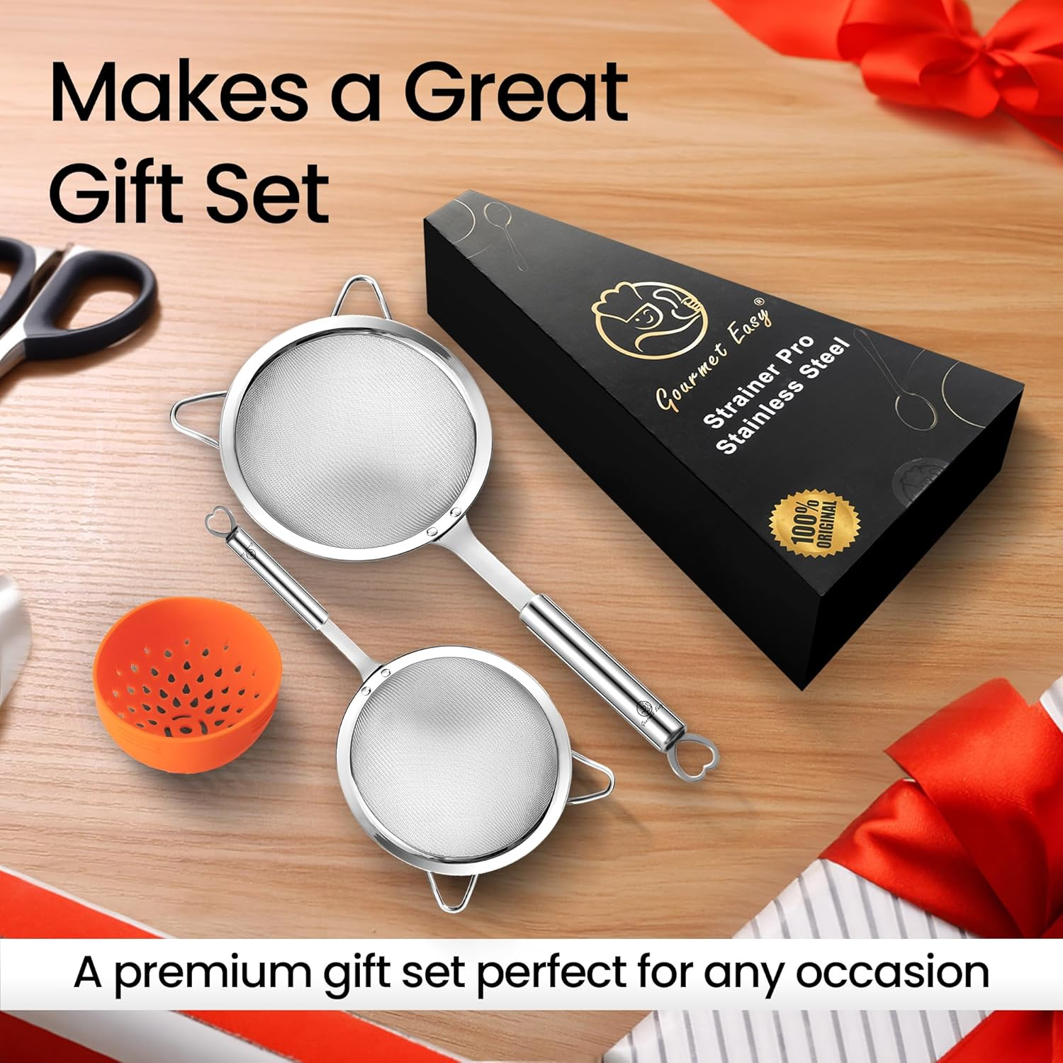 Stainless Steel Strainer Set, 1 Large Pasta & Rice Strainer for Kitchen + 1 Small Fine Mesh Strainer with Handle + 1 Silicone Can Strainer, Flour Sifter for Baking, Kitchen Strainer Fine Mesh (SS)