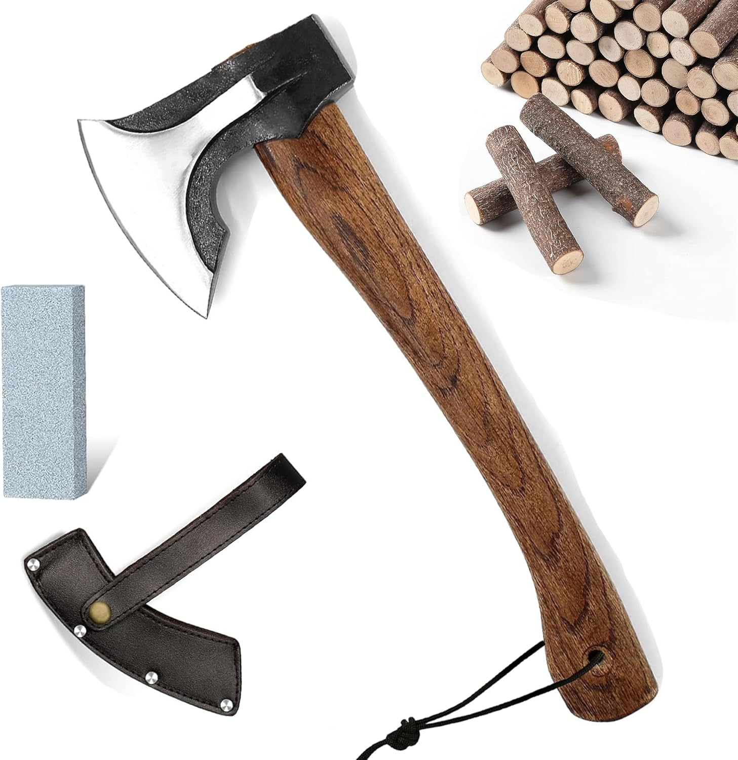Wood Axe Small Outdoor Camp Hatchet for Splitting and Kindling, Hand-Forged with Sheath High Carbon Steel Garden Camping Tools Survival Chopping Forged Viking Axe with Beech Handle image number 3