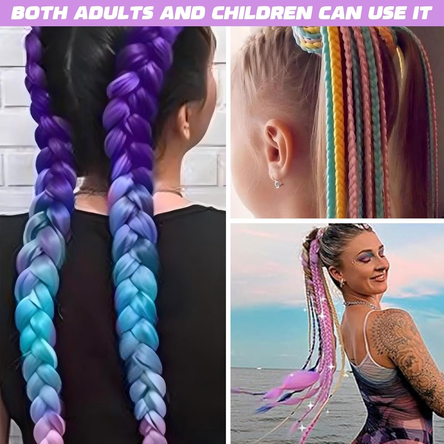 Rainbow Ponytail Extensions with Hairtie - 9 Strands Colored Glitter Hair for Braiding 66Cm Synthetic Crazy Color Hair Accessories for Girls Women Kids Braiding Extensions for Crazy Coiffure (A) image number 3