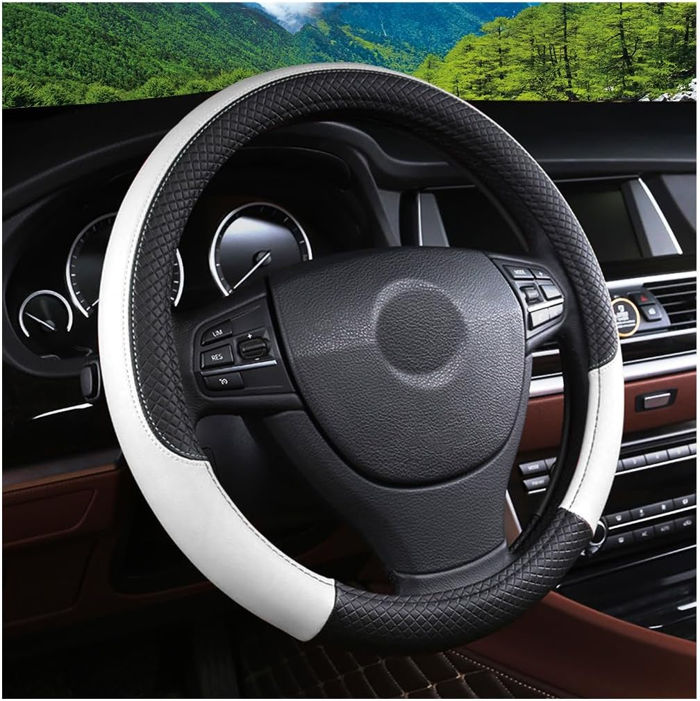 FALVFUN Car Steering Wheel Cover, 15 Inch Elastic Stretch Leather Vehicle Steer Wheel Cover Protector, Anti-Slip Breathable Automotive Interior Protection Accessories, Universal Fit (Black/Orange) - Black/Blue image number 7