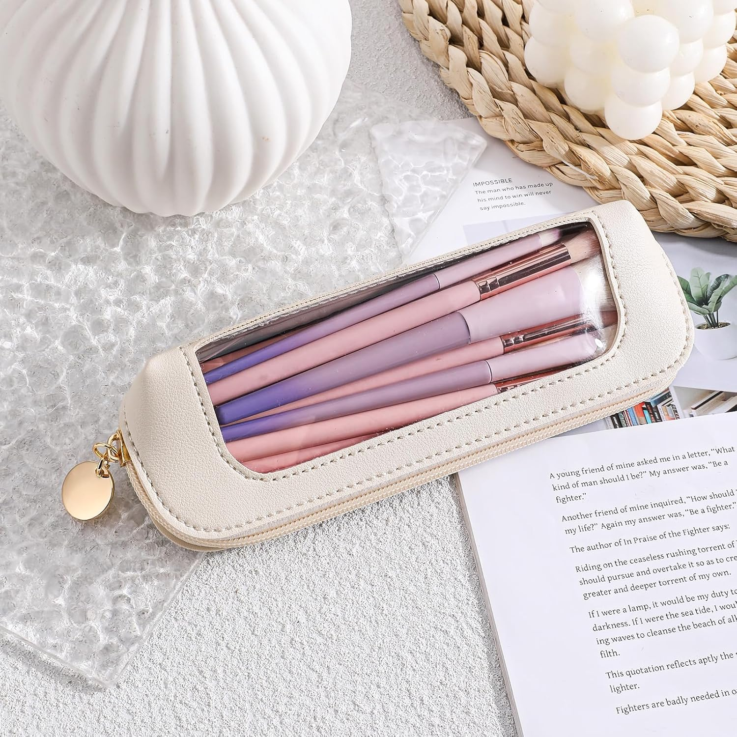 Mini Cosmetic Bag Transparent Beige Makeup Bag Storage Bag Small PU Mini Make up Bag Portable Cosmetic Bag Waterproof Cosmetic Bag Travel Organiser Women'S Make up Bag Small Beauty Bag, White