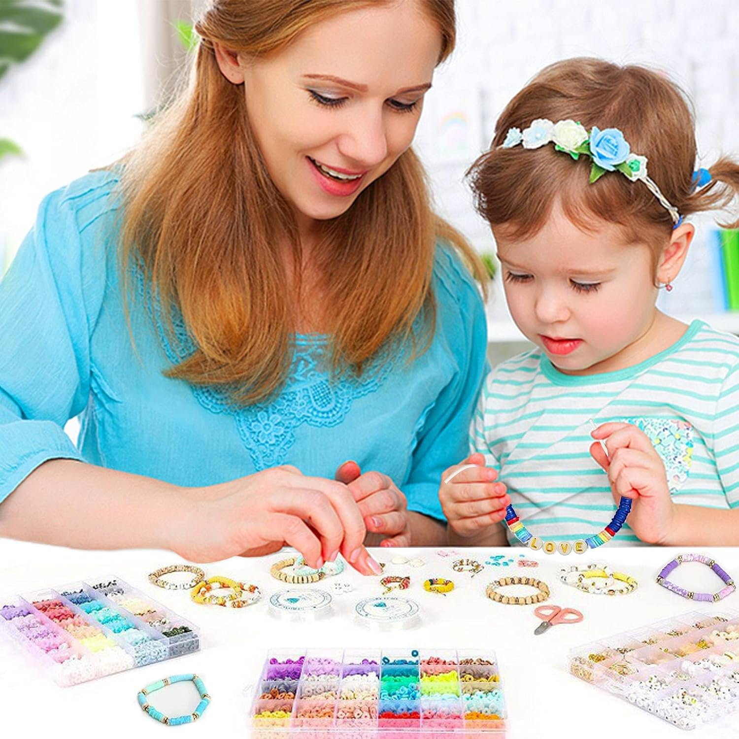 Clay Beads for Jewellery Making Kit, 18000Pcs Craft Kits - 56 Colors 3 Boxes Flat round Polymer Clay Beads with Pendant Charms Kit Letter Beads, Bracelet Making Kit for Girls, Teens, Kids and Adults image number 1