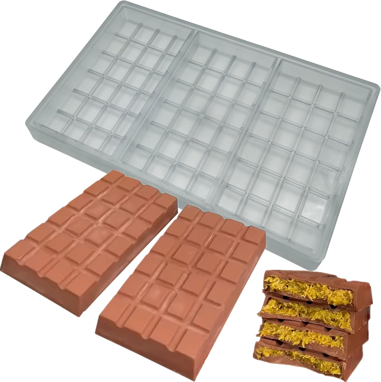 Goldbaking Polycarbonate Deep Chocolate Bar Mold - 3 Pieces, 6.22 * 3.19 * 0.71Inch, Clear, Rectangular Prism, BPA Free image number 1