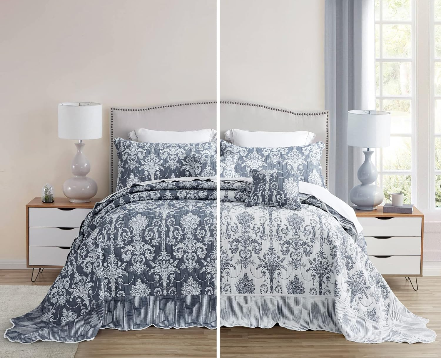 Blythease Oversized King Bedspread, Jacquard Matelasse Damask Pattern Design, Lightweight, Reversible, 5 Piece, 100% Microfiber, Gray