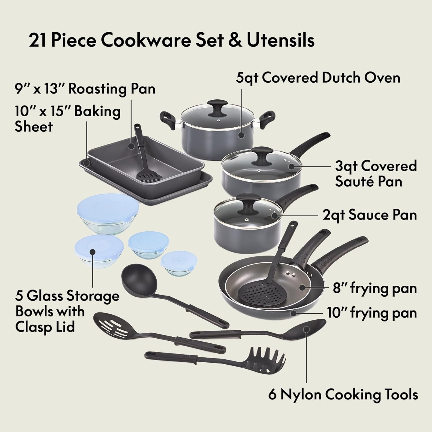 BELLA Nonstick Cookware Set with Glass Lids - Aluminum Bakeware, Pots and Pans, Storage Bowls & Utensils, Compatible with All Stovetops, 21 Piece, Black - Black image number 4