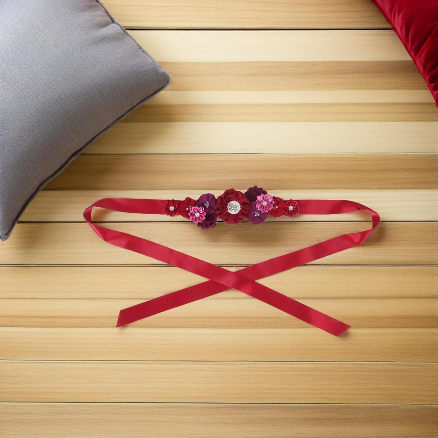 VANZACK Floral Maternity Sash Belt: Bridal Satin Ribbon Belly Band Pregnancy Flower Sash for Wedding Pregnant Baby Shower Party Photoshoot image number 2