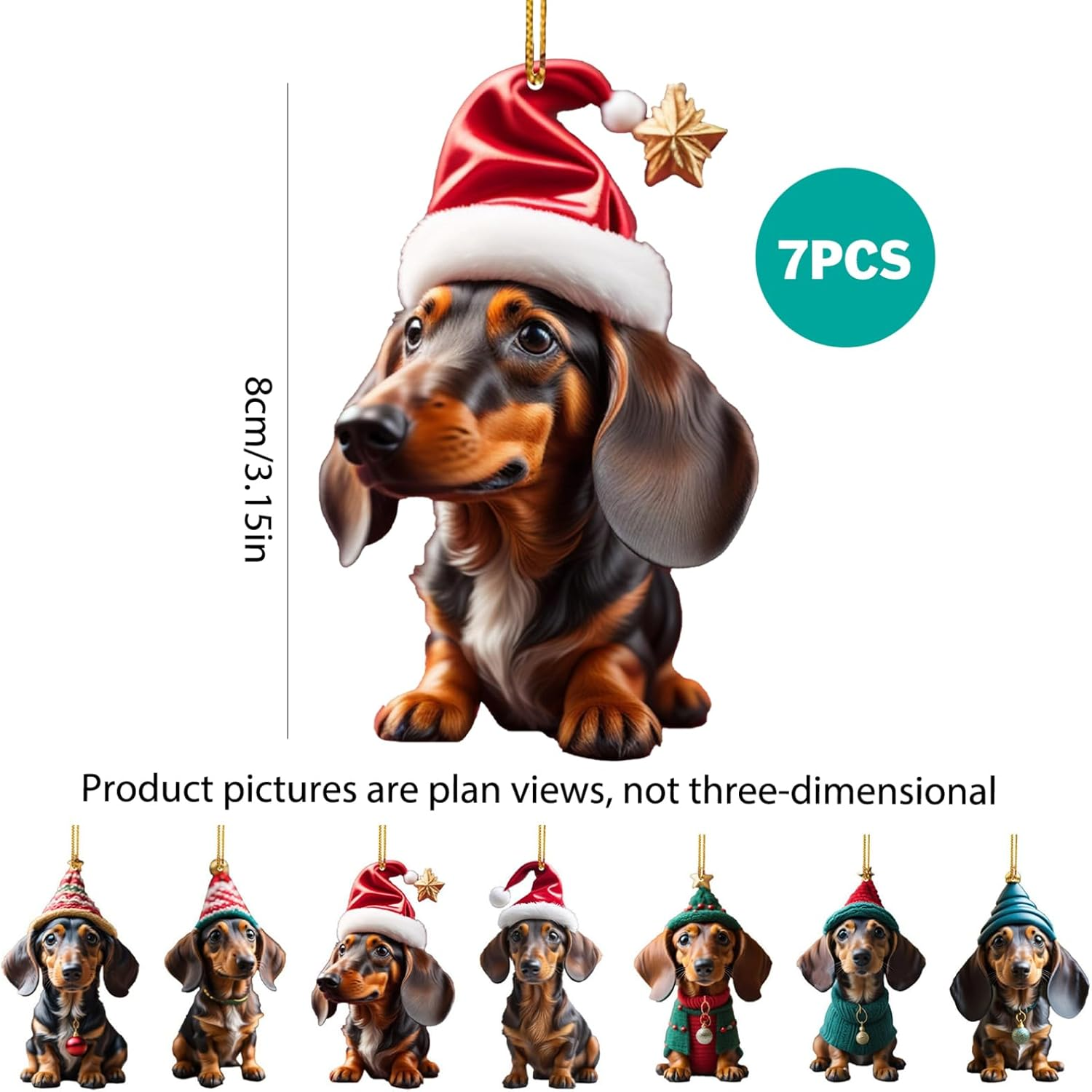 Dachshund Christmas Ornaments 7Pcs Hanging 2D 3.15In Acrylic Cute Vibrant Decor for Christmas Tree Wreath Garland Car Interior Type2 image number 5