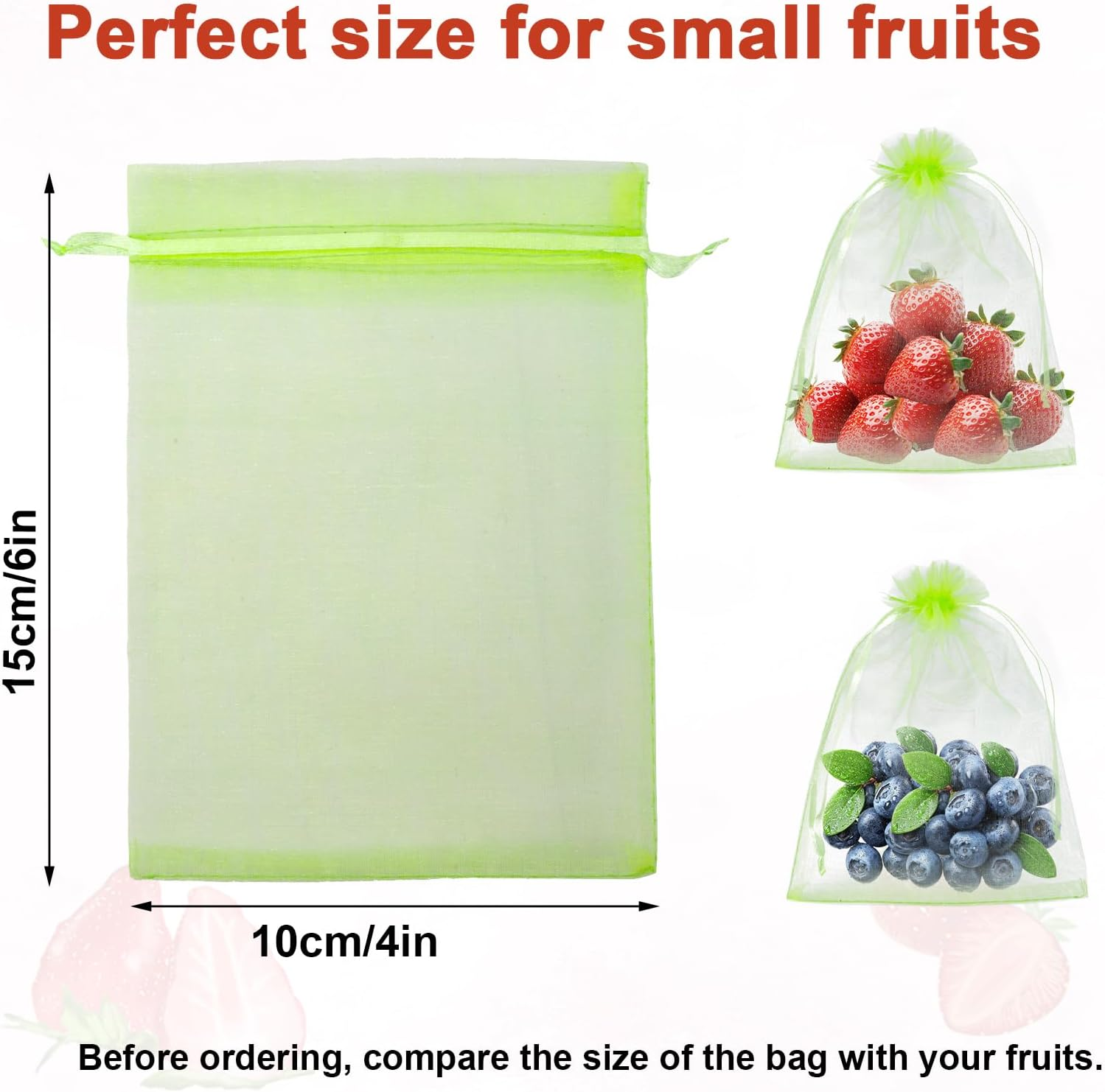 100Pcs Fruit Protection Bags, 6X4In Mesh Fruit Nets with Drawstring Reusable Netting Cover Bags Barrier for Protecting Trees Strawberries Vegetables Blueberries (Green) image number 5