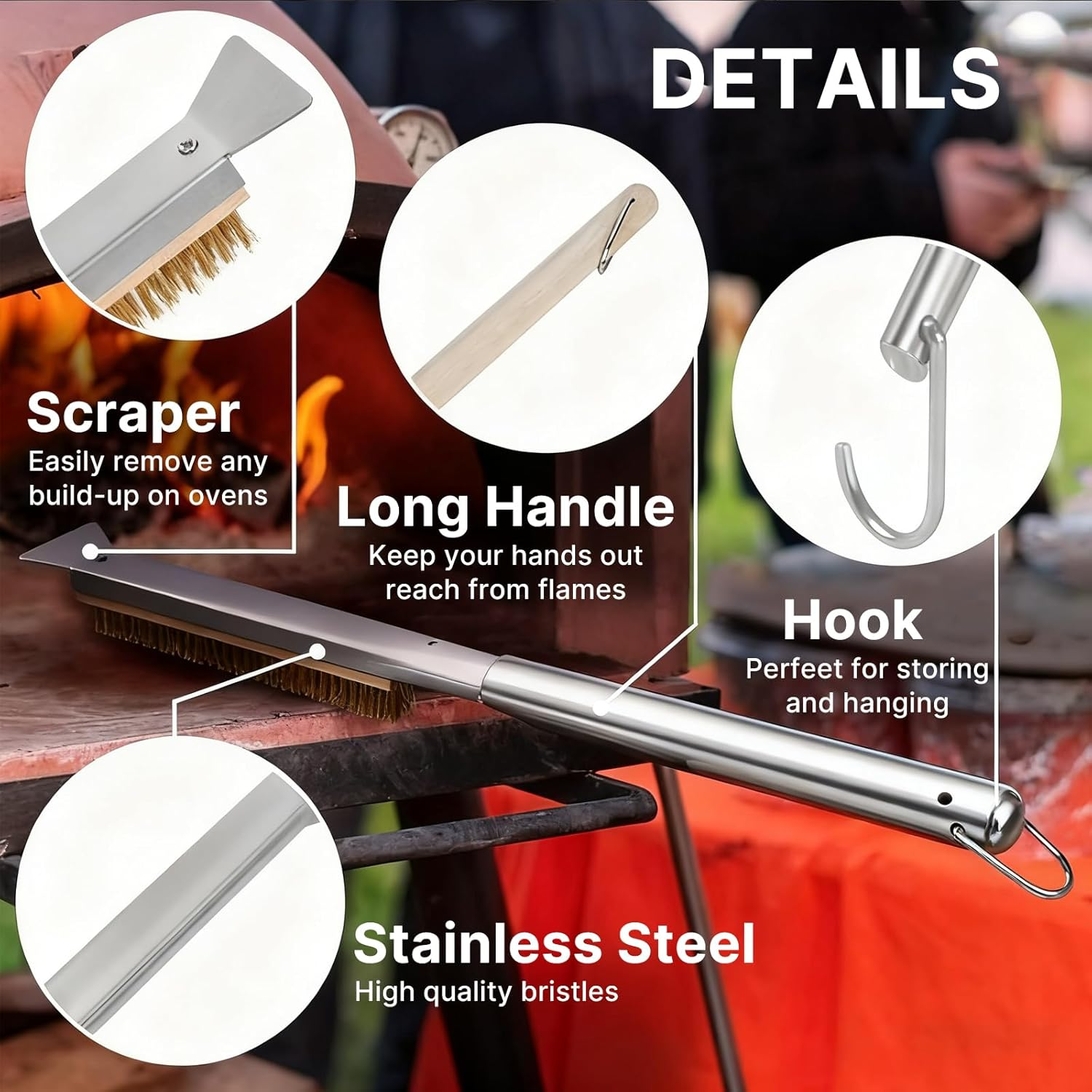 Pizza Oven Brush, 21.8" Brush and Stainless Steel Scraper for Pizza Stone, BBQ Grill Cleaning Brush Non Scratch Heat Proof Brass Bristles with Screwdriver, Outdoor Pizza Oven Accessories image number 2