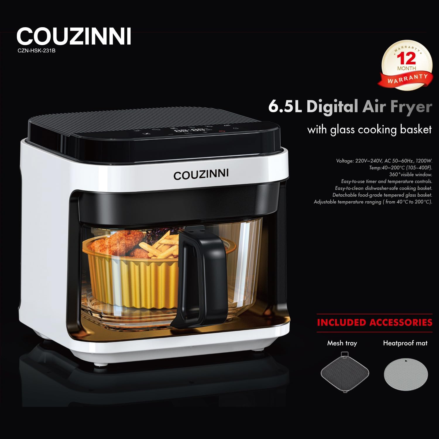 Couzinni 6.5L Digital Glass Air Fryer, 8In1 Cooker Pot for Quick Easy Oiless Meals, Fry, Roast, Bake, with Easy-View Window Cooking Basket, Mesh Tray and Heatproof Mat image number 2
