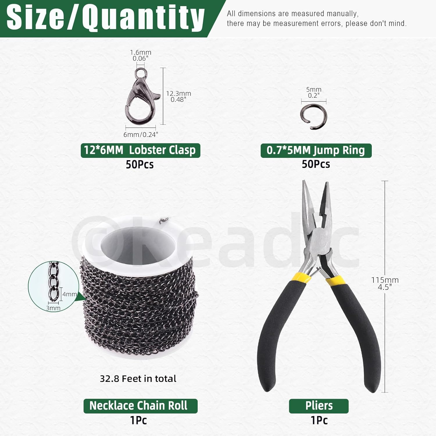 Keadic 102Pcs 30 Feet Jewelry Making Chains Kit W 3Mm Metal Necklace Twisted Links Chain, Lobster Clasps, Open Jump Rings and Jewelry Pliers for Bracelet Earring Anklet DIY (Gun-Metal) - Copper image number 4